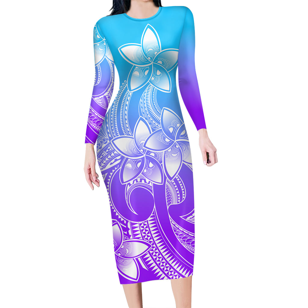 Polynesian Pride Plumeria Flowers Long Sleeve Dress Polynesian Tribal Gradient Purple LT9 Polyester spandex Gradient Purple - Polynesian Pride