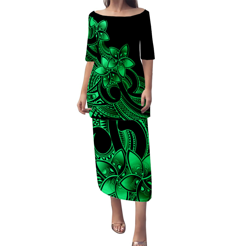 Polynesian Couple Outfits Plumeria Flowers Puletasi Dress and Hawaiian Shirt Polynesian Tribal Green Vibe LT9 - Polynesian Pride