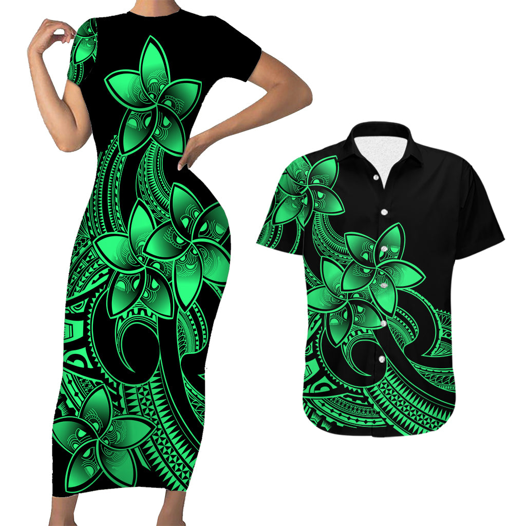 Polynesian Couple Outfits Plumeria Flowers Short Sleeve Body Long Dress and Hawaiian Shirt Polynesian Tribal Green Vibe LT9 Green - Polynesian Pride