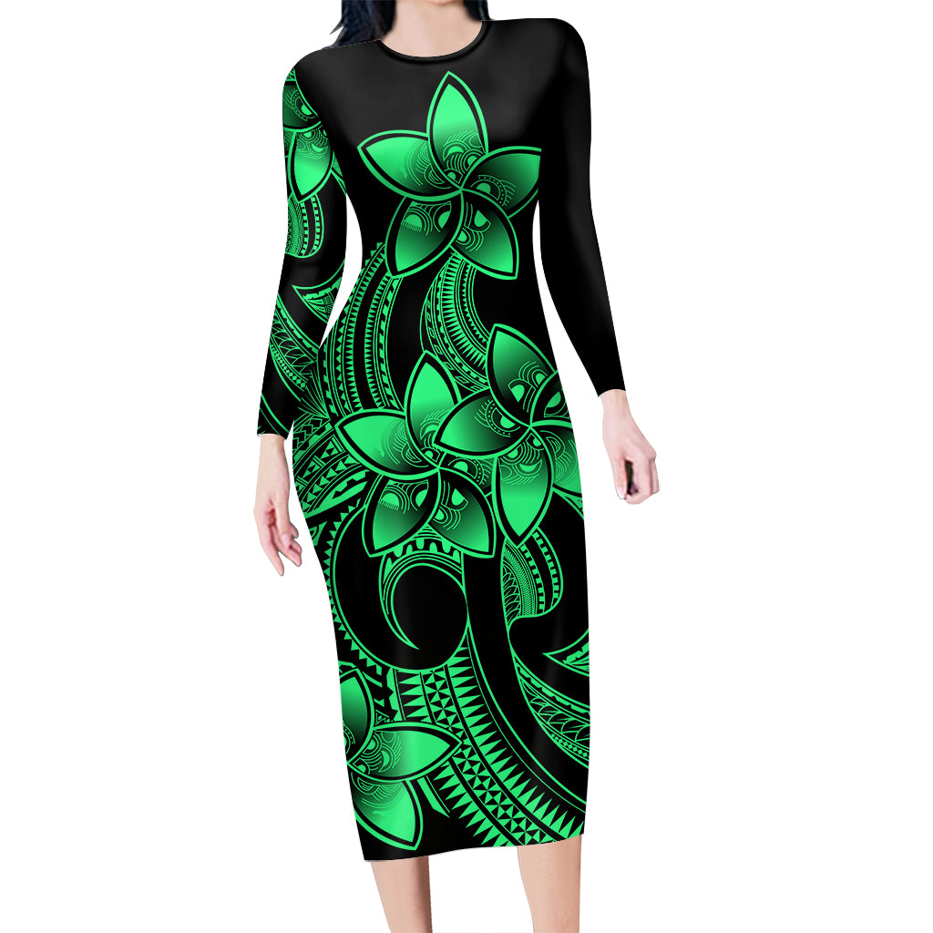 Polynesian Pride Plumeria Flowers Long Sleeve Dress Polynesian Tribal Green Vibe LT9 Polyester/spandex Green - Polynesian Pride