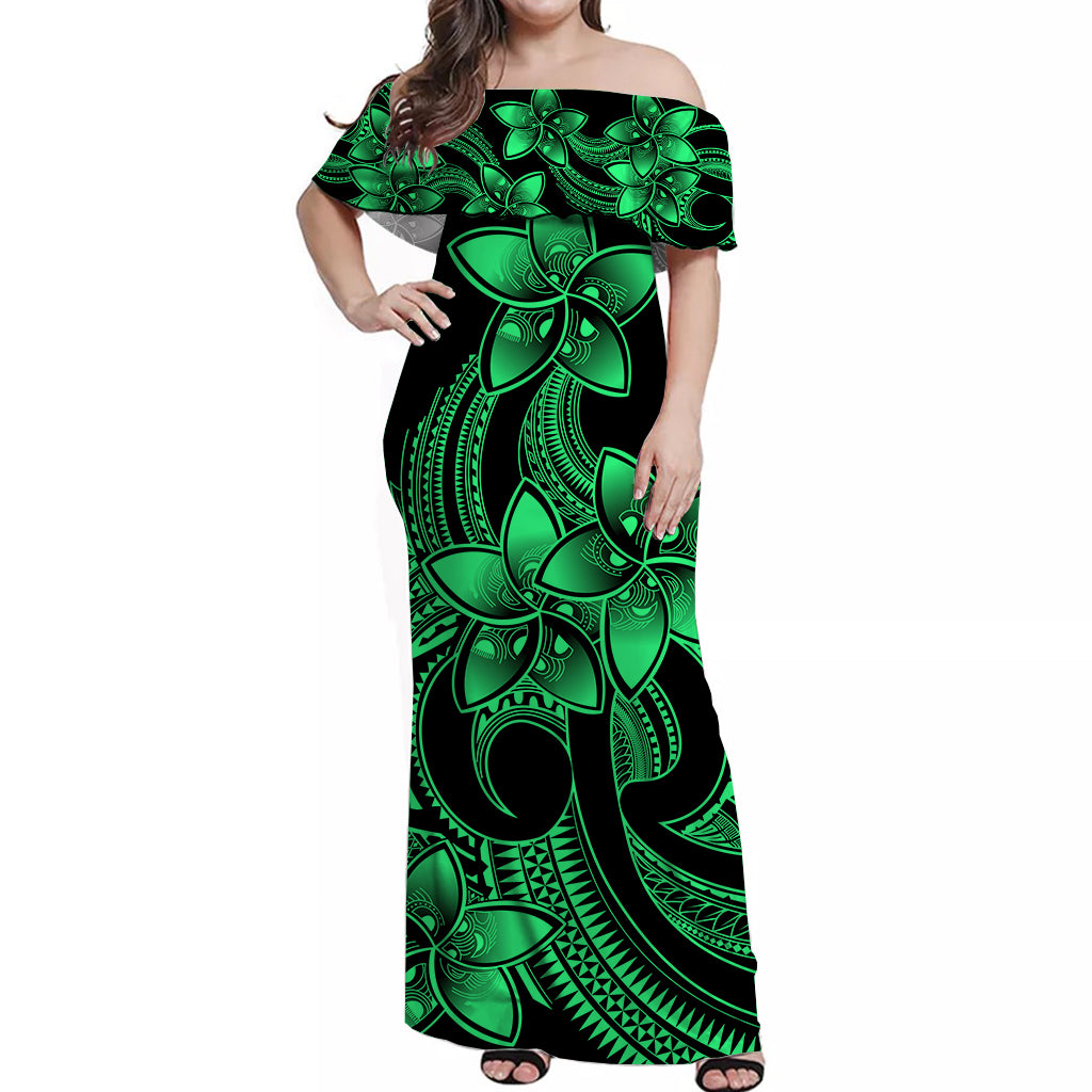 Polynesian Pride Plumeria Flowers Off Shoulder Long Dress Polynesian Tribal Green Vibe LT9 Women Green - Polynesian Pride