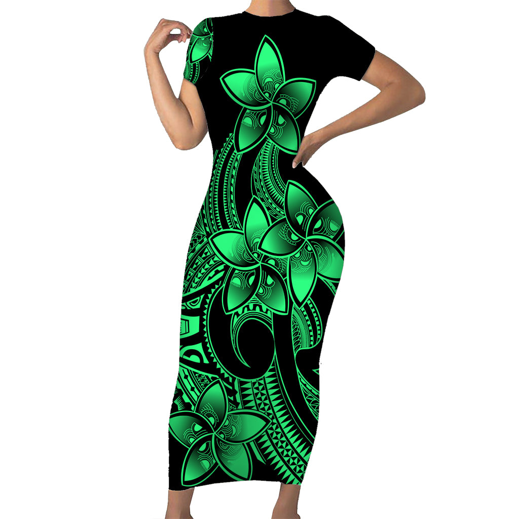 Polynesian Pride Plumeria Flowers Short Sleeve Body Long Dress Polynesian Tribal Green Vibe LT9 Long Dress Green - Polynesian Pride