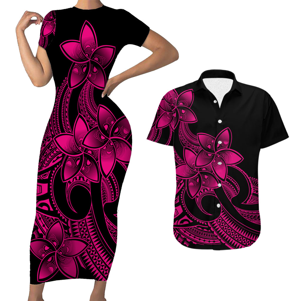 Polynesian Couple Outfits Plumeria Flowers Short Sleeve Body Long Dress and Hawaiian Shirt Polynesian Tribal Pink Vibe LT9 Pink - Polynesian Pride