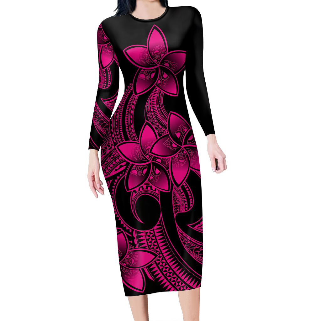 Polynesian Pride Plumeria Flowers Long Sleeve Dress Polynesian Tribal Pink Vibe LT9 Polyester spandex Pink - Polynesian Pride