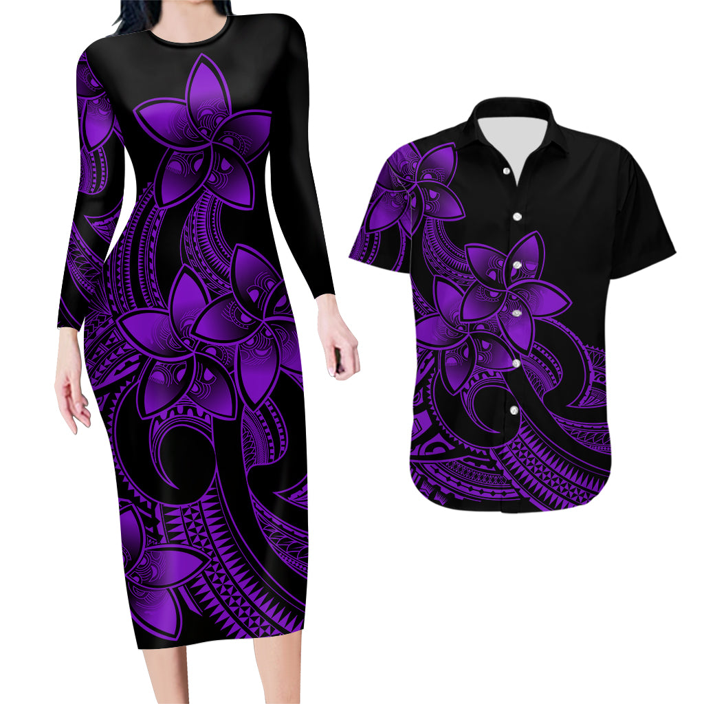 Polynesian Couple Outfits Plumeria Flowers Couples Bodycon Dress Hawaiian Shirt Polynesian Tribal Purple Vibe LT9 Purple - Polynesian Pride