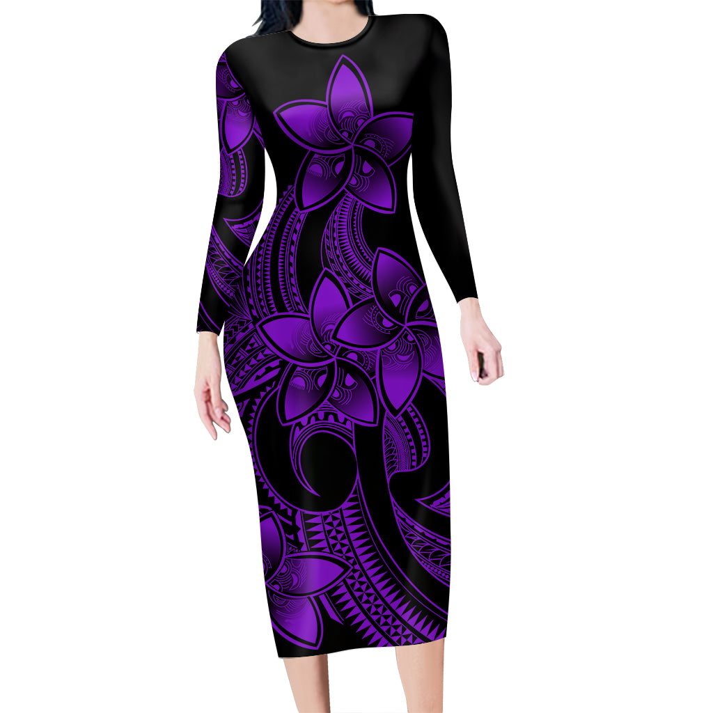 Polynesian Pride Plumeria Flowers Long Sleeve Dress Polynesian Tribal Purple Vibe LT9 Polyester/spandex Purple - Polynesian Pride