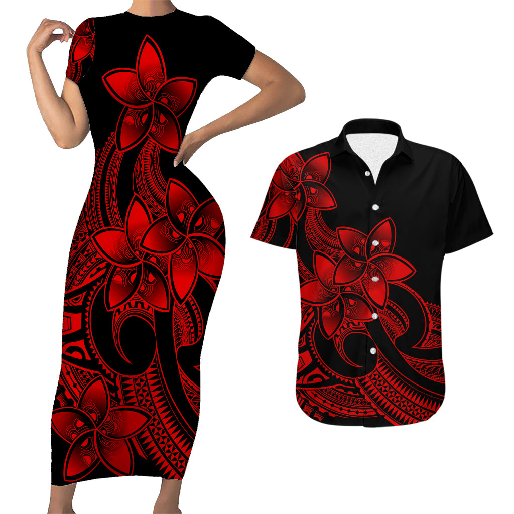 Polynesian Couple Outfits Plumeria Flowers Short Sleeve Body Long Dress and Hawaiian Shirt Polynesian Tribal Red Vibe LT9 Red - Polynesian Pride