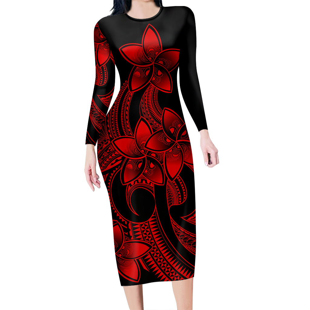 Polynesian Pride Plumeria Flowers Long Sleeve Dress Polynesian Tribal Red Vibe LT9 Polyester/spandex Red - Polynesian Pride