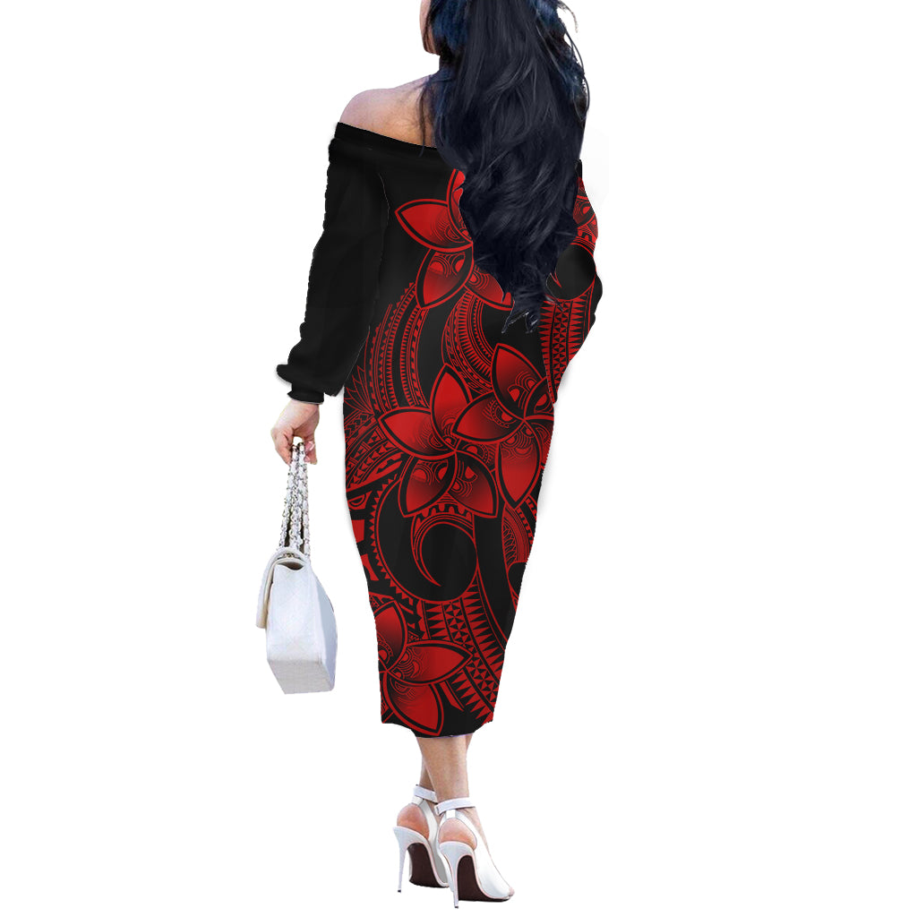 Polynesian Pride Plumeria Flowers Off Shoulder Long Sleeve Dress Polynesian Tribal Red Vibe LT9 - Polynesian Pride