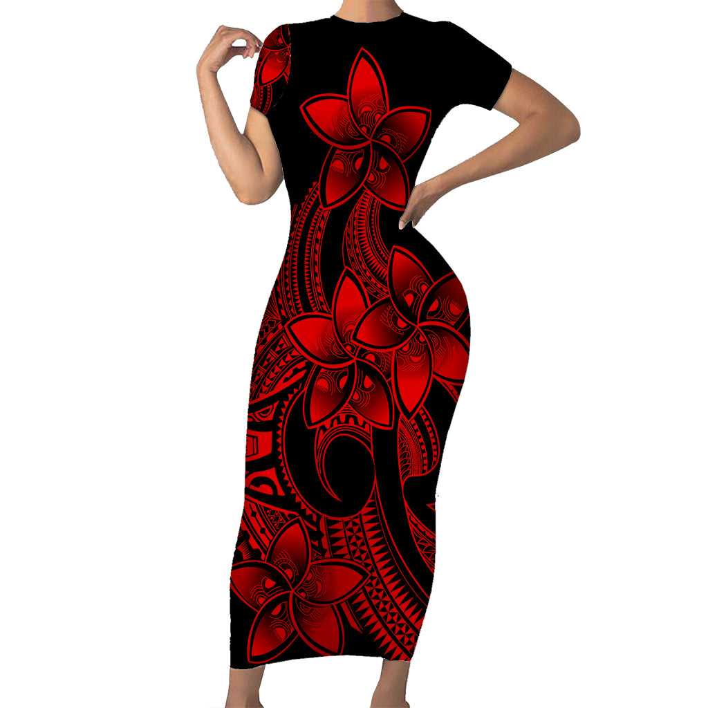 Polynesian Pride Plumeria Flowers Short Sleeve Body Long Dress Polynesian Tribal Red Vibe LT9 Long Dress Red - Polynesian Pride