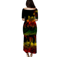 Polynesian Couple Outfits Plumeria Flowers Puletasi Dress and Hawaiian Shirt Polynesian Tribal Reggae Vibe LT9 - Polynesian Pride