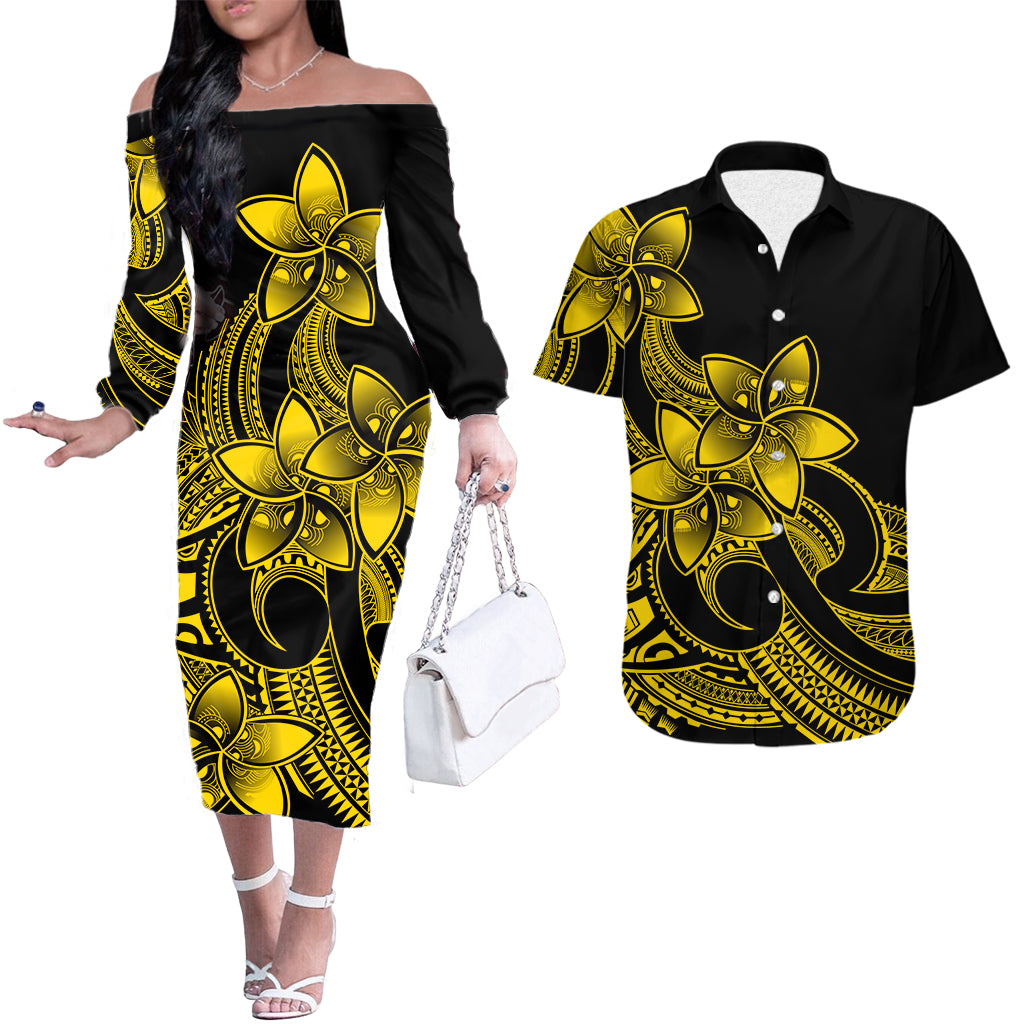 Polynesian Couple Outfits Plumeria Flowers Couples Long Sleeve Dress and Hawaiian Shirt Polynesian Tribal Yellow Vibe LT9 Yellow - Polynesian Pride