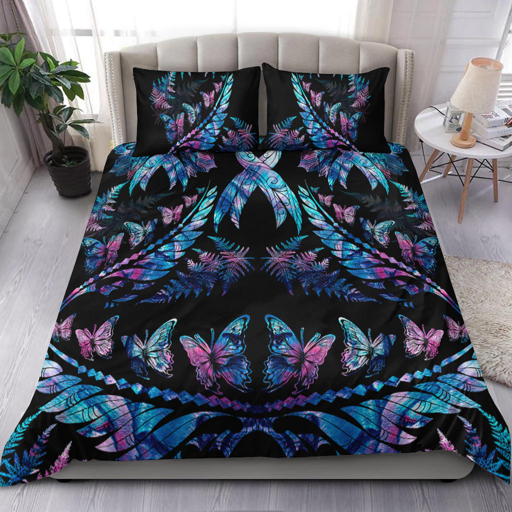 Polynesia Ribbon Butterflies Bedding Set Silver Fern Breast Cancer With Papua Shell Pattern LT9 Black - Polynesian Pride