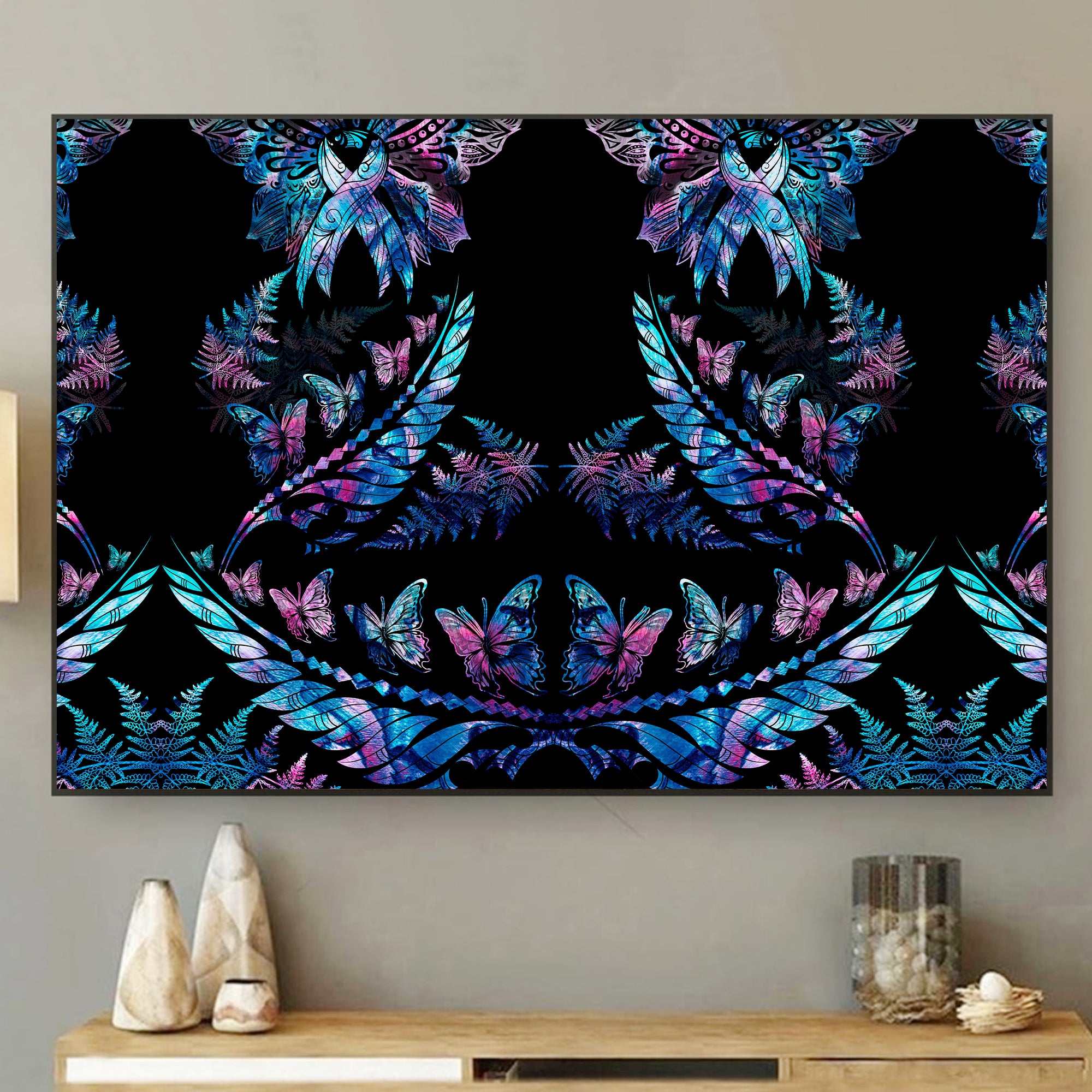 polynesia-ribbon-butterflies-5-pieces-canvas-wall-art-silver-fern-breast-cancer-with-papua-shell-pattern