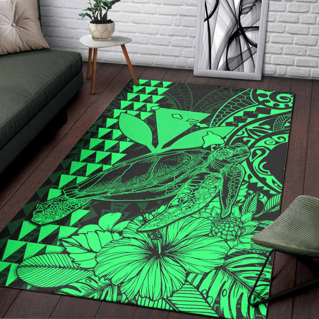 Hawaii Sea Turtle Area Rug Polynesia Kakau with Kanaka Maoli Green LT9 Green - Polynesian Pride