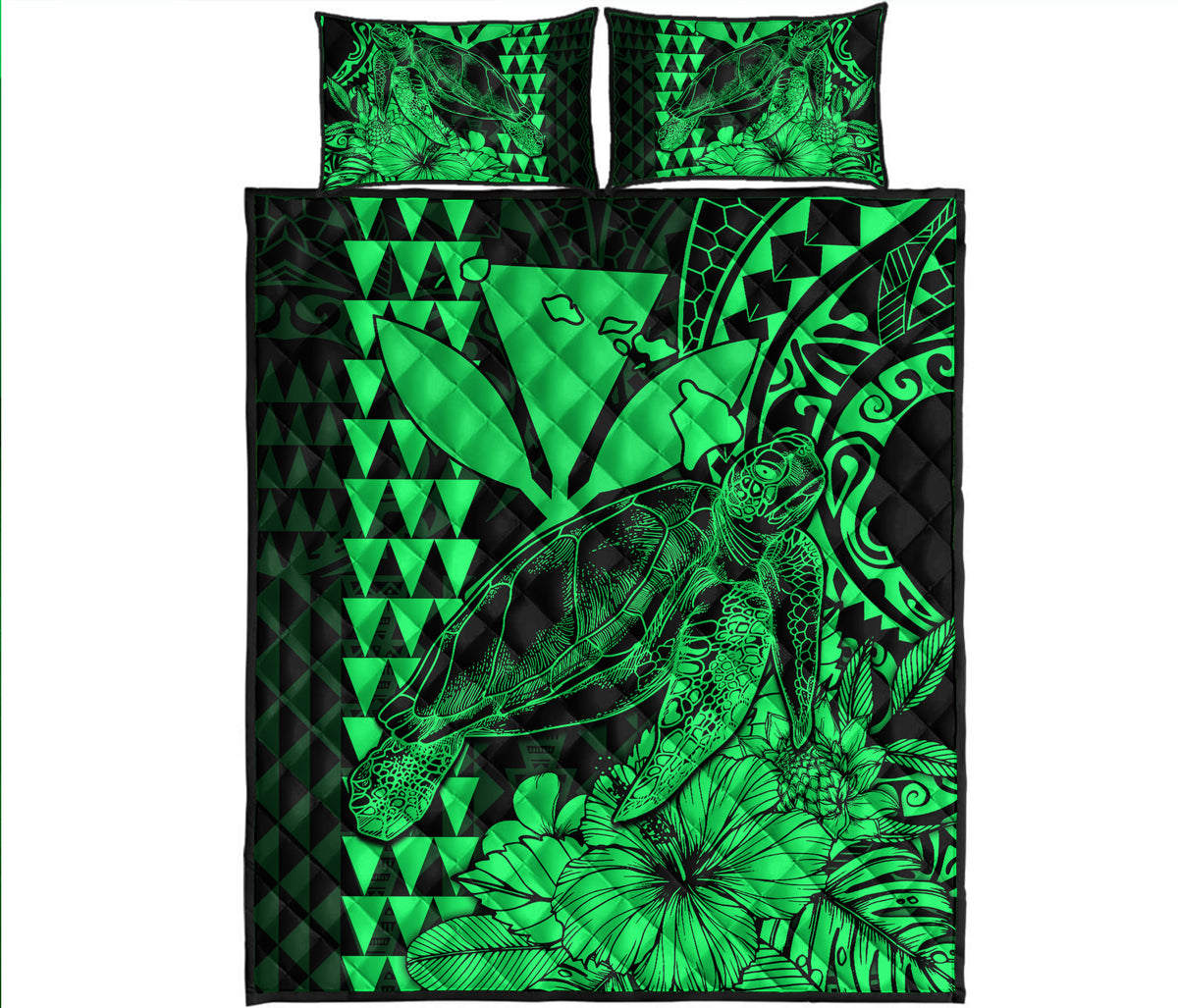 Hawaii Sea Turtle Quilt Bed Set Polynesia Kakau with Kanaka Maoli Green LT9 Green - Polynesian Pride