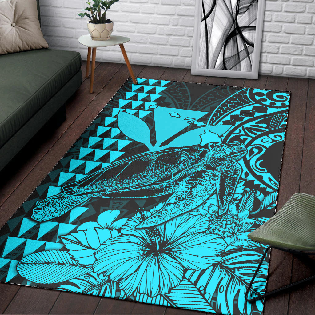 Hawaii Sea Turtle Area Rug Polynesia Kakau with Kanaka Maoli Teal LT9 Teal - Polynesian Pride