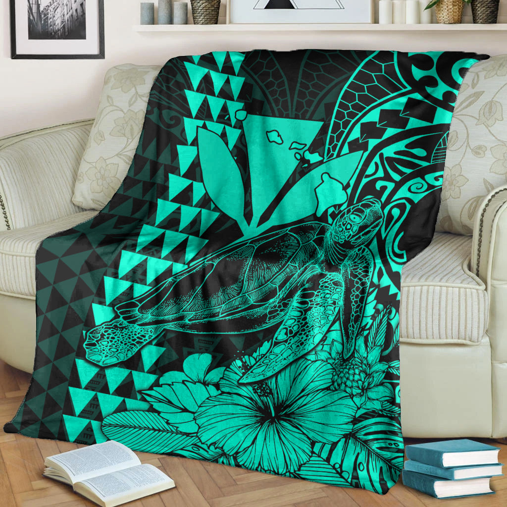 Hawaii Sea Turtle Blanket Polynesia Kakau with Kanaka Maoli Turquoise LT9 Turquoise - Polynesian Pride