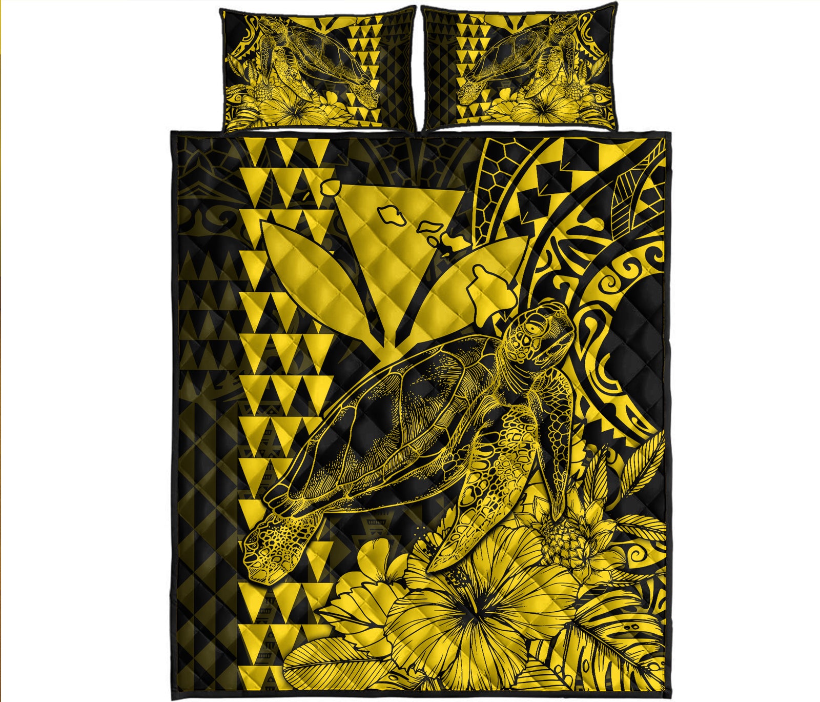 Hawaii Sea Turtle Quilt Bed Set Polynesia Kakau with Kanaka Maoli Yellow LT9 Yellow - Polynesian Pride