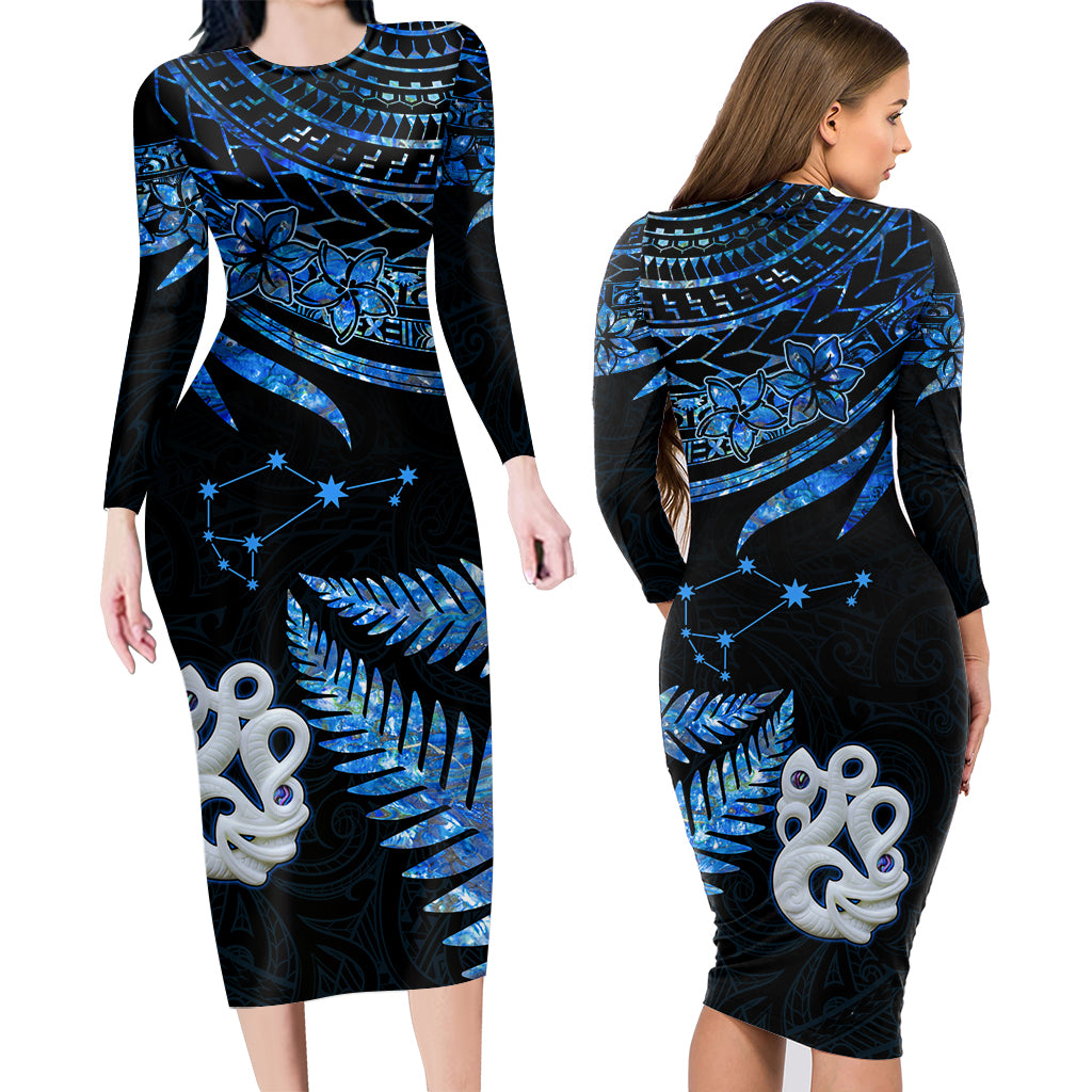 Matariki New Zealand Long Sleeve Bodycon Dress Hawaiian Shirt Manaia with Paua Shell - Blue LT9