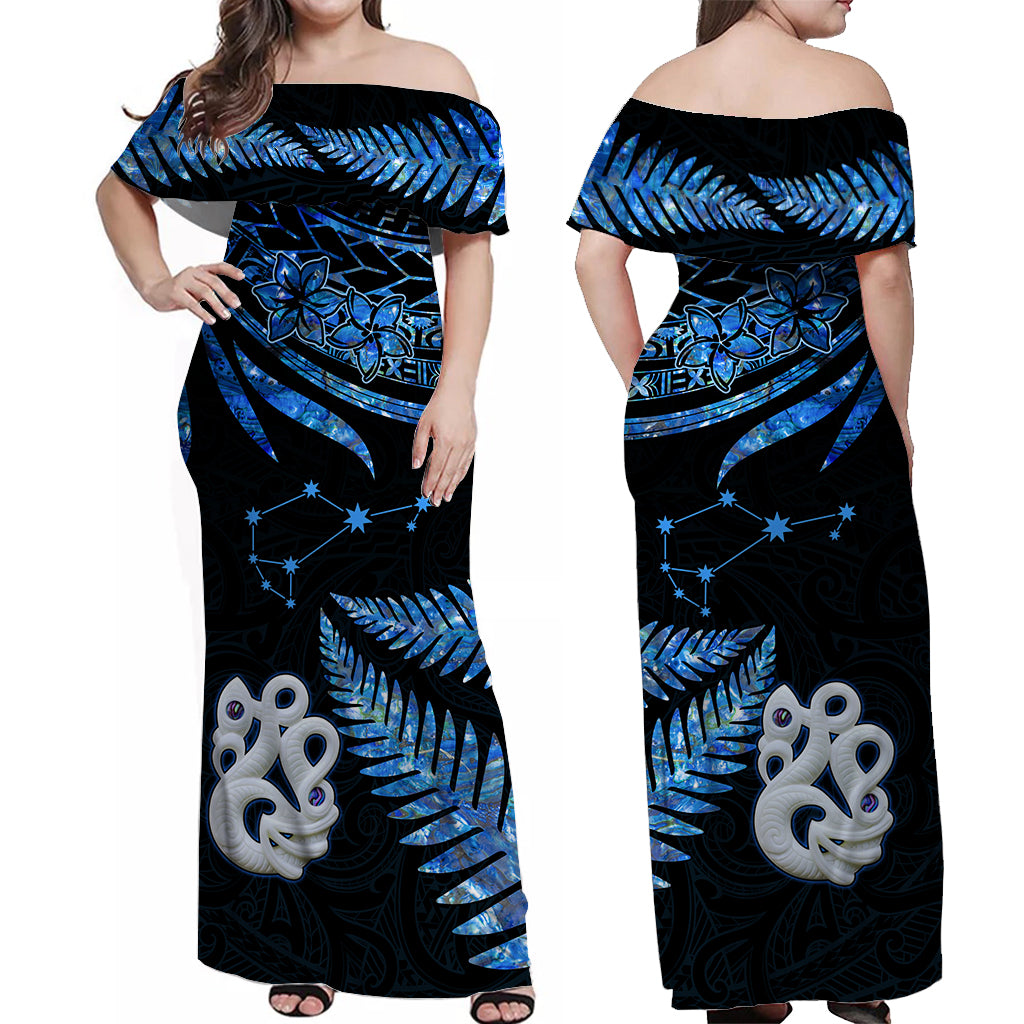 Matariki New Zealand Off Shoulder Long Dress Manaia with Paua Shell - Blue LT9 Women Blue - Polynesian Pride