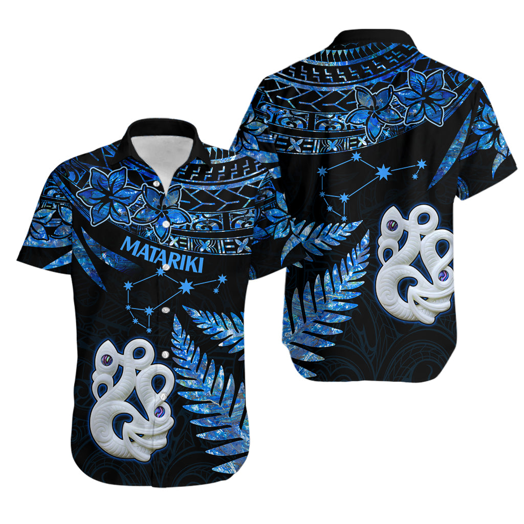 Couples Matching Hawaiian Outfits Matariki New Zealand Puletasi Dress and Hawaiian Shirt Manaia with Paua Shell - Blue LT9 - Polynesian Pride
