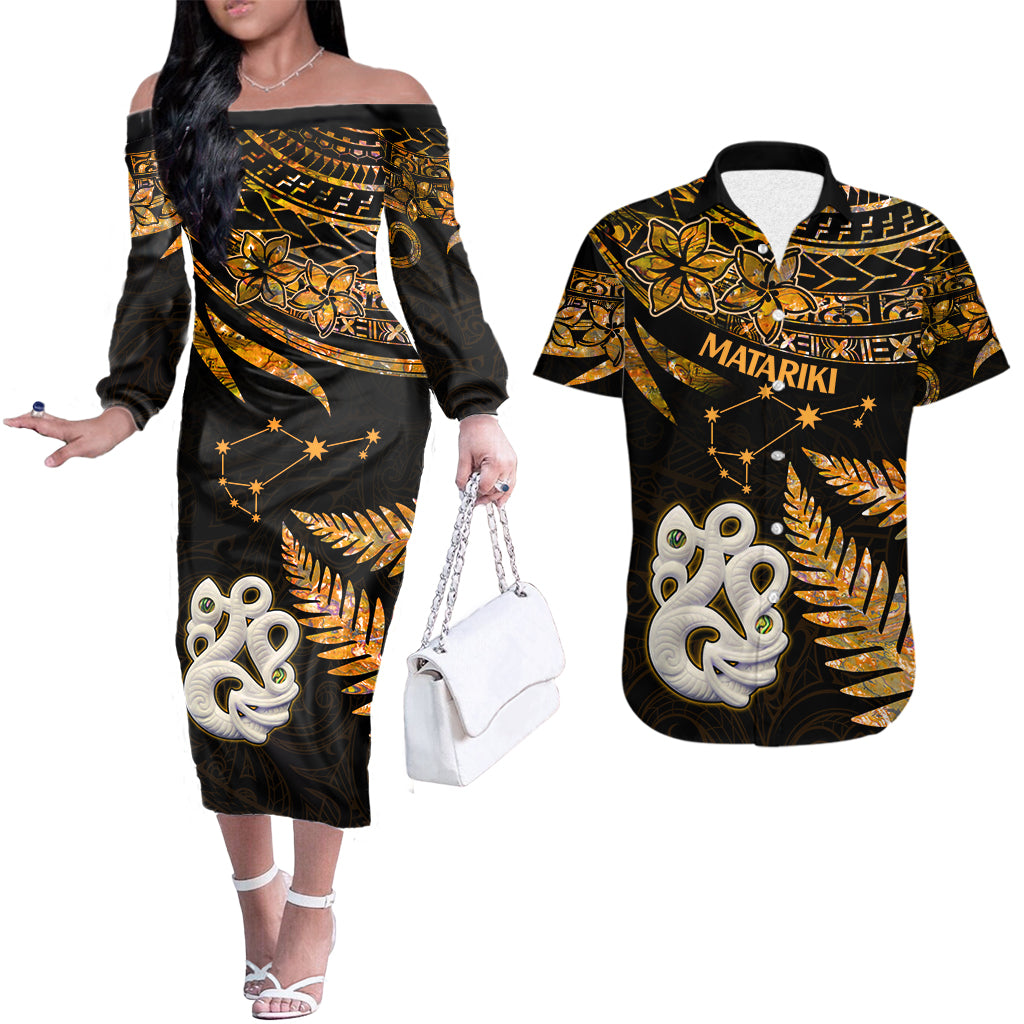 Hawaiian Couple Outfits NZ New Year Couples Long Sleeve Dress and Hawaiian Shirt Manaia with Paua Shell - Gold LT9 Gold - Polynesian Pride