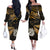 Hawaiian Couple Outfits NZ New Year Couples Long Sleeve Dress and Hawaiian Shirt Manaia with Paua Shell - Gold LT9 - Polynesian Pride