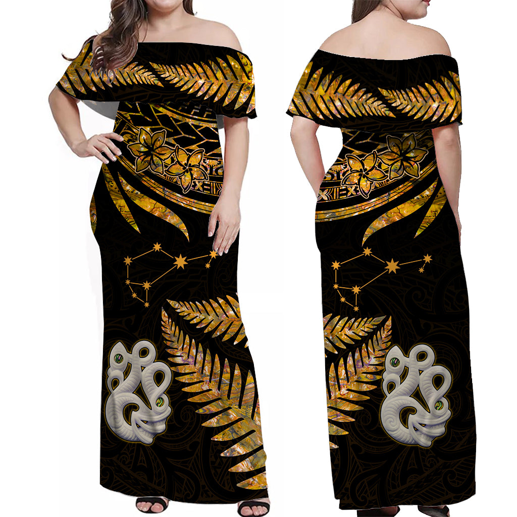 Matariki New Zealand Off Shoulder Long Dress Manaia with Paua Shell - Gold LT9 Women Gold - Polynesian Pride