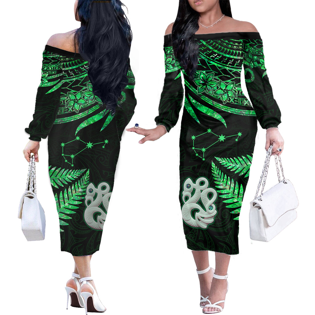 Matariki New Zealand Long Sleeve Dress Manaia with Paua Shell - Green LT9 - Polynesian Pride