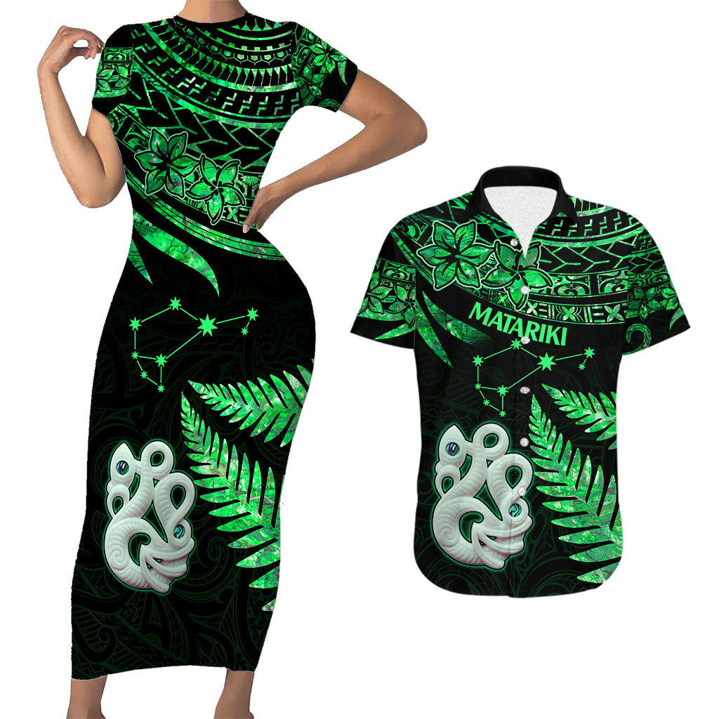 Matching Outfits For Couples Maori Short Sleeve Body Long Dress and Hawaiian Shirt Matariki Stars Manaia with Paua Shell - Green LT9 Green - Polynesian Pride