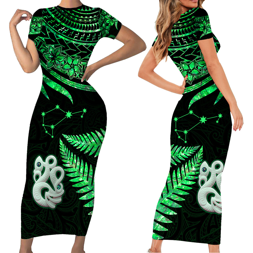 Matariki New Zealand Short Sleeve Body Long Dress Manaia with Paua Shell - Green LT9 - Polynesian Pride