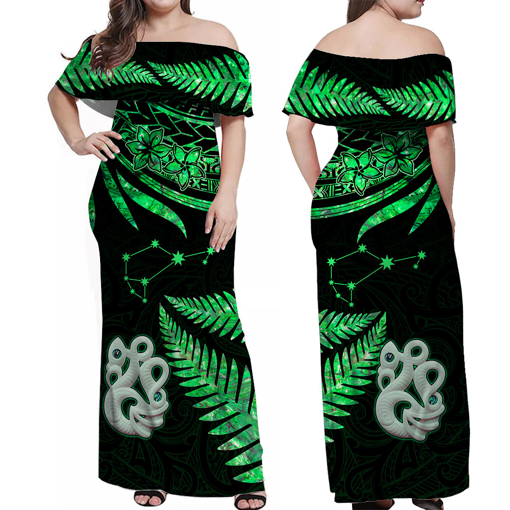 Matariki New Zealand Off Shoulder Long Dress Manaia with Paua Shell - Green LT9 Women Green - Polynesian Pride