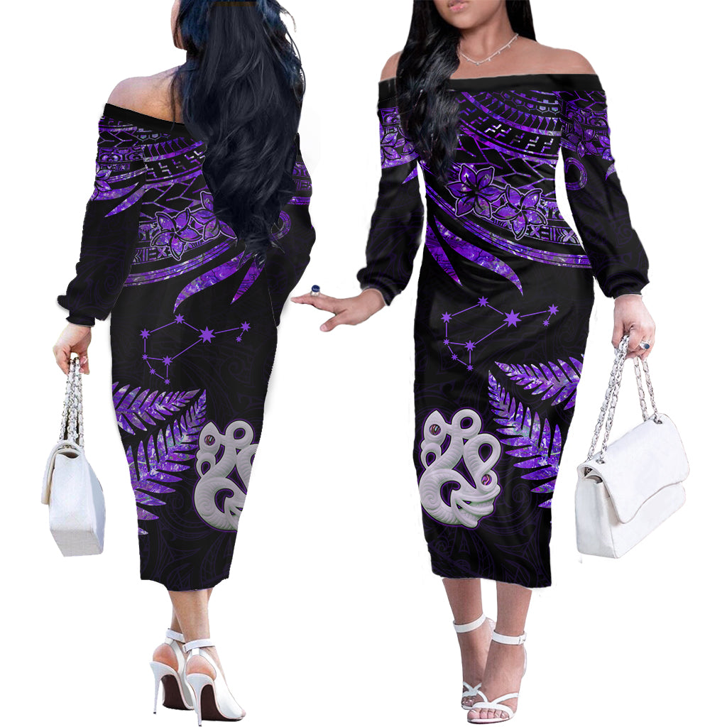 Matariki New Zealand Off Shoulder Long Sleeve Dress Manaia with Paua Shell - Purple LT9 Women Purple - Polynesian Pride