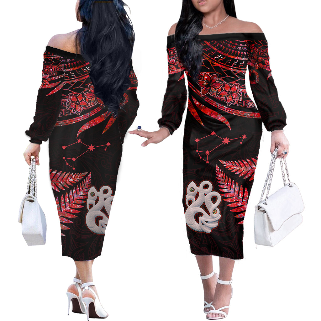 Matariki New Zealand Off Shoulder Long Sleeve Dress Manaia with Paua Shell - Red LT9 Women Red - Polynesian Pride