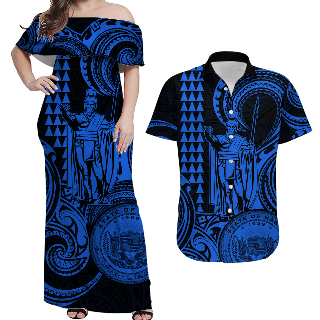 Hawaii Couple Outfit Ideas King Kamehameha Day Matching Dress and Hawaiian Shirt Paradise of the Pacific Tribal Kakau with Kanaka Maoli Blue LT9 Blue - Polynesian Pride