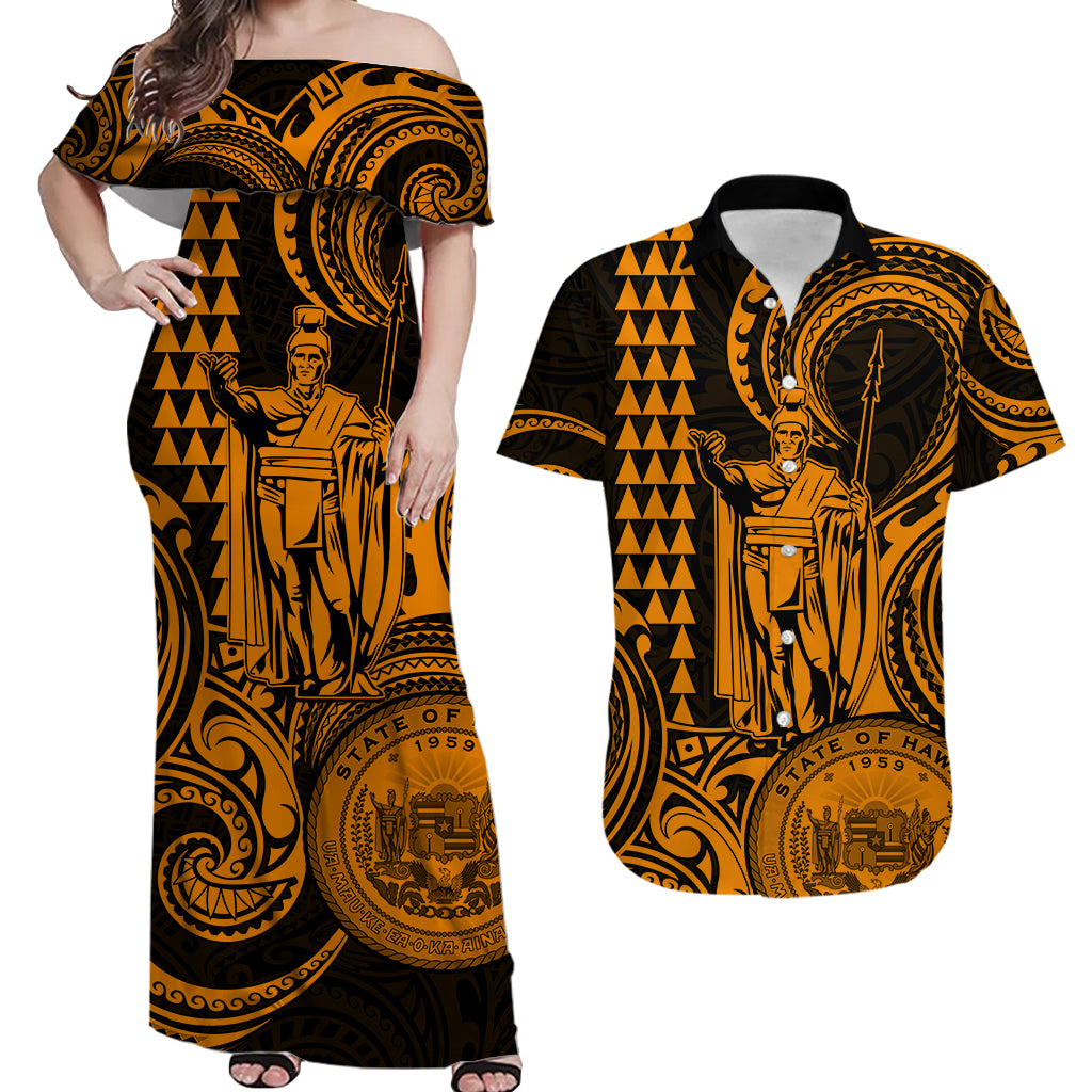 Hawaii Couple Outfit Ideas King Kamehameha Day Matching Dress and Hawaiian Shirt Paradise of the Pacific Tribal Kakau with Kanaka Maoli Gold LT9 Gold - Polynesian Pride