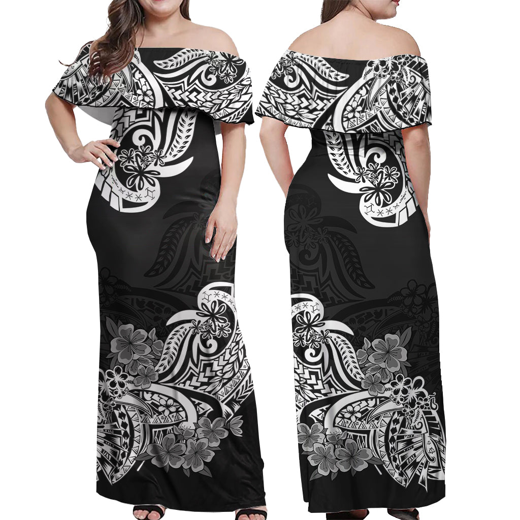 Polynesian Floral Tribal Off Shoulder Long Dress - Black LT9 - Polynesian Pride