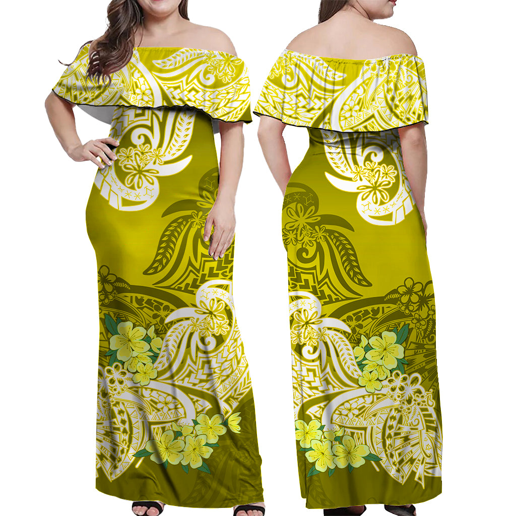 Polynesian Floral Tribal Off Shoulder Long Dress - Yellow LT9 - Polynesian Pride