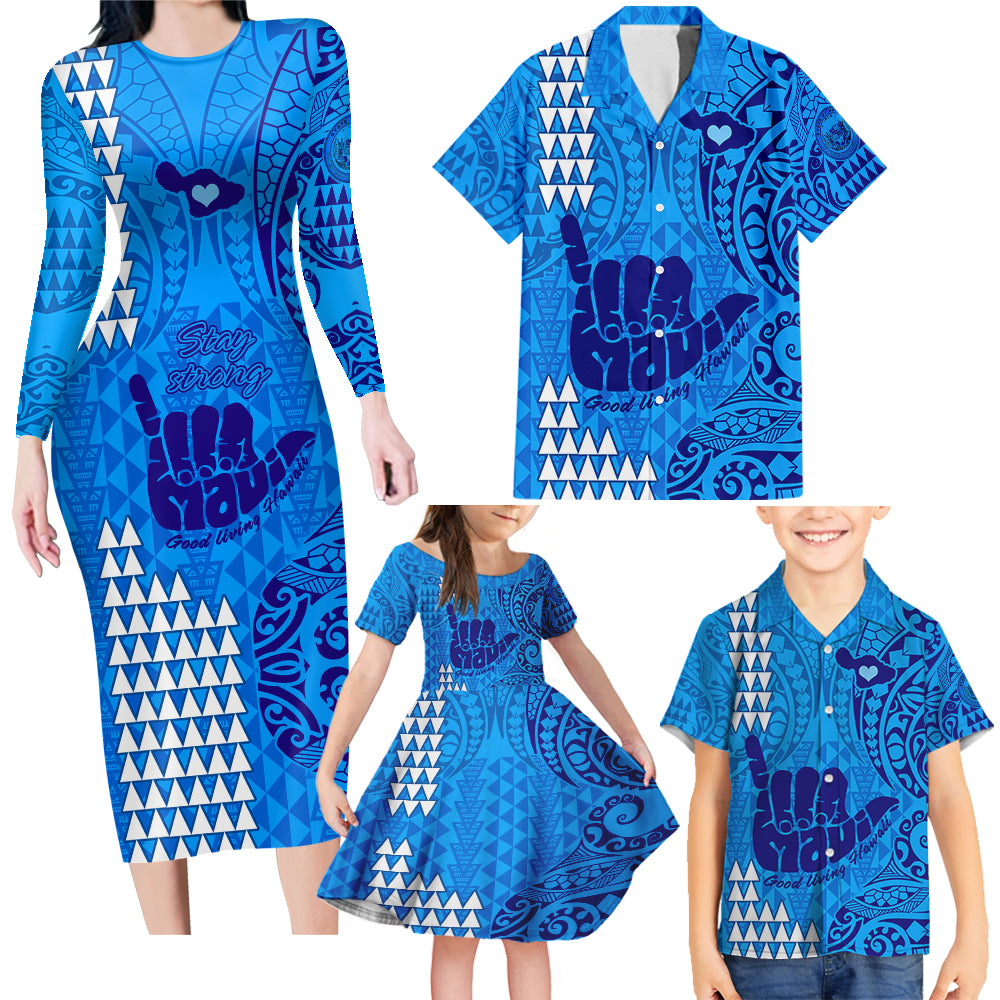 Strong Maui Family Long Sleeve Bodycon Dress and Hawaiian Shirt Good Living Hawaii with Shaka Sign Kakau Tribal Blue LT9 Blue - Polynesian Pride