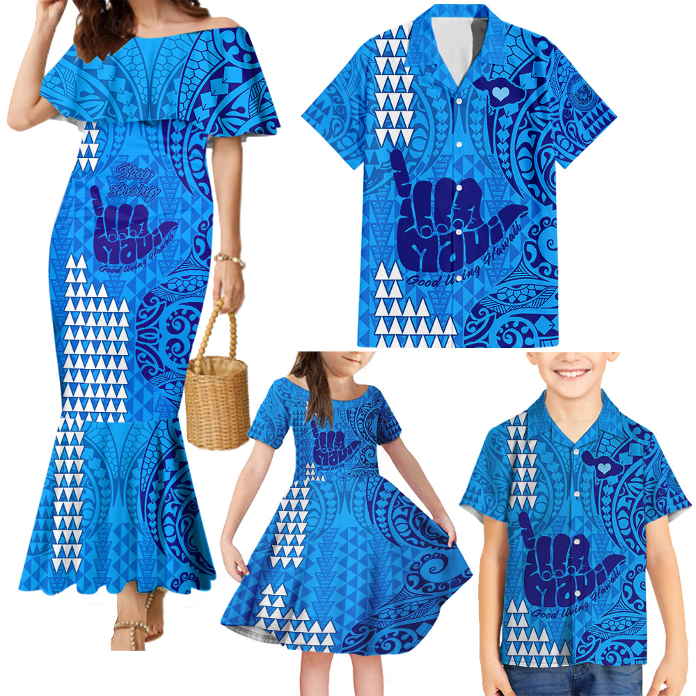 Strong Maui Family Matching Mermaid Dress and Hawaiian Shirt Good Living Hawaii with Shaka Sign Kakau Tribal Blue LT9 Blue - Polynesian Pride