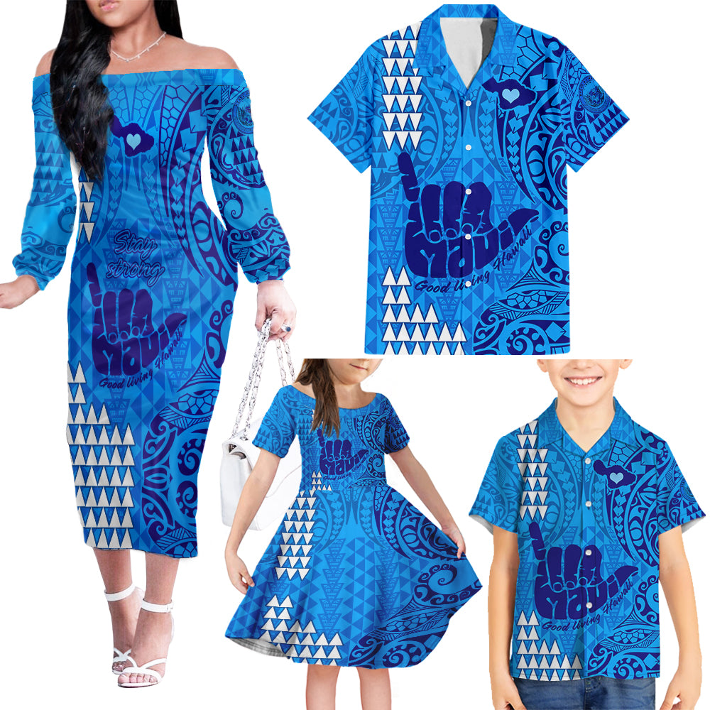 Strong Maui Family Off Shoulder Long Sleeve Dress and Hawaiian Shirt Good Living Hawaii with Shaka Sign Kakau Tribal Blue LT9 Blue - Polynesian Pride