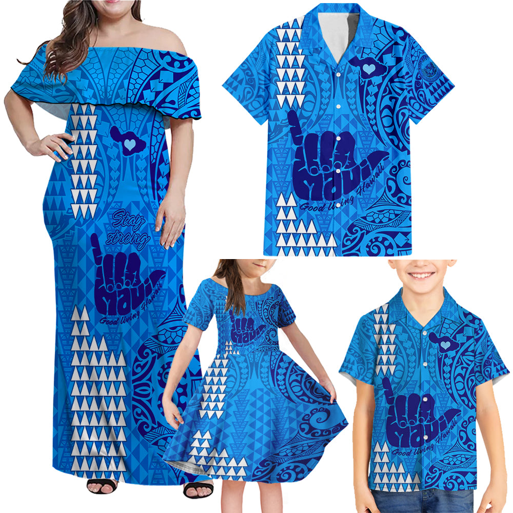 Strong Maui Family Matching Off Shoulder Maxi Dress and Hawaiian Shirt Good Living Hawaii with Shaka Sign Kakau Tribal Blue LT9 Blue - Polynesian Pride