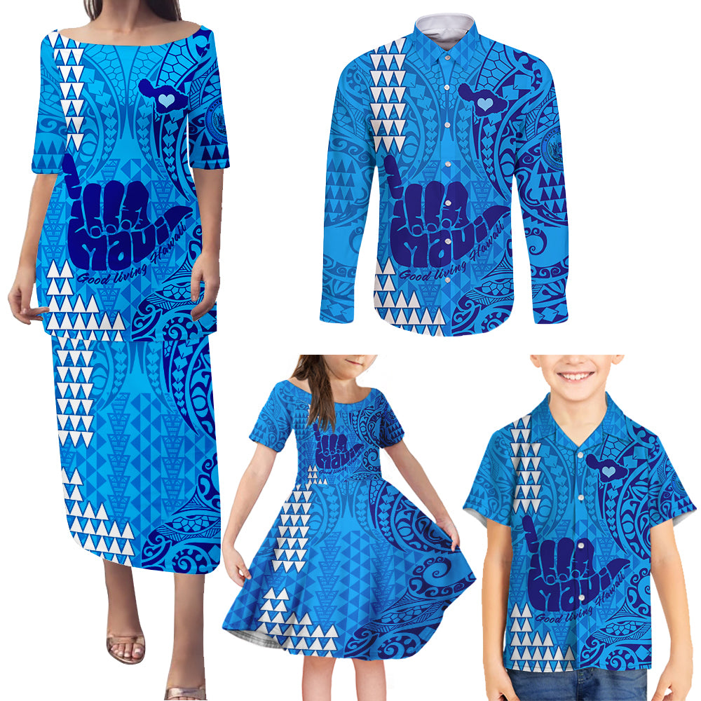 Strong Maui Family Matching Puletasi Dress and Hawaiian Shirt Good Living Hawaii with Shaka Sign Kakau Tribal Blue LT9 - Polynesian Pride