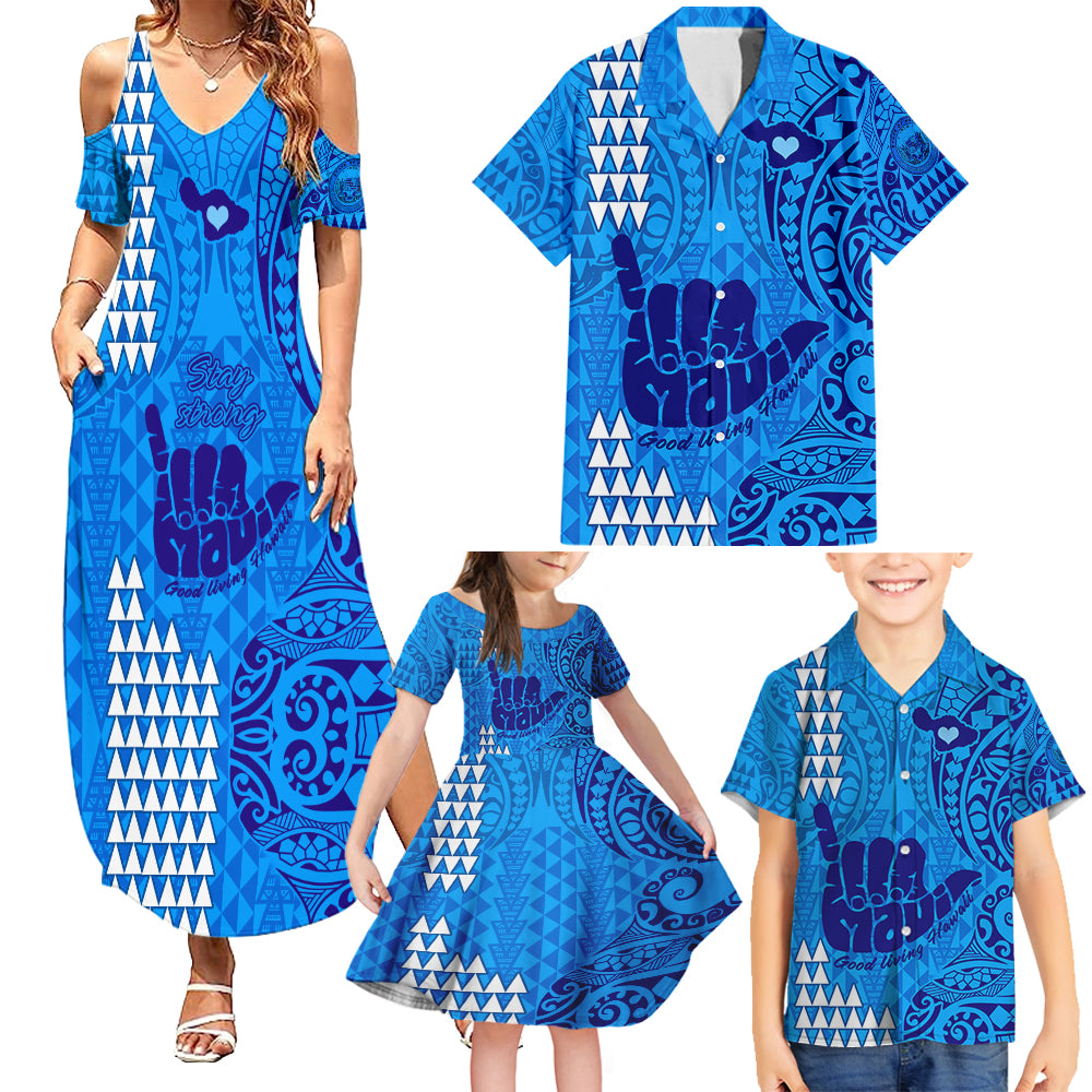 Strong Maui Family Summer Maxi Dress and Hawaiian Shirt Good Living Hawaii with Shaka Sign Kakau Tribal Blue LT9 Blue - Polynesian Pride