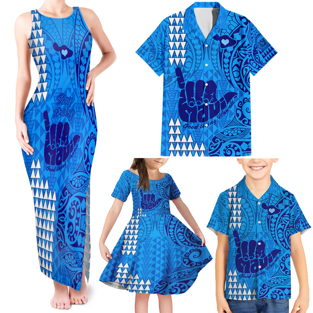 Strong Maui Family Matching Tank Maxi Dress and Hawaiian Shirt Good Living Hawaii with Shaka Sign Kakau Tribal Blue LT9 Blue - Polynesian Pride