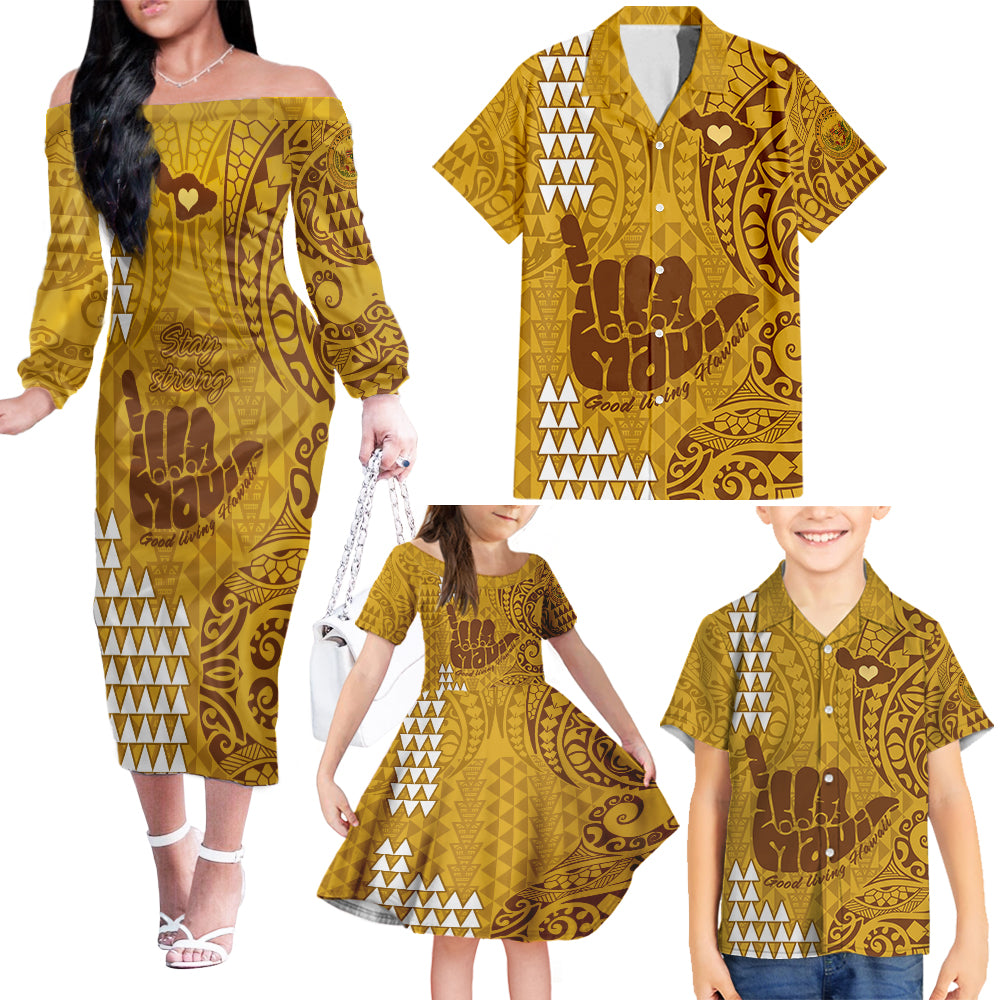 Strong Maui Family Off Shoulder Long Sleeve Dress and Hawaiian Shirt Good Living Hawaii with Shaka Sign Kakau Tribal Gold LT9 Gold - Polynesian Pride