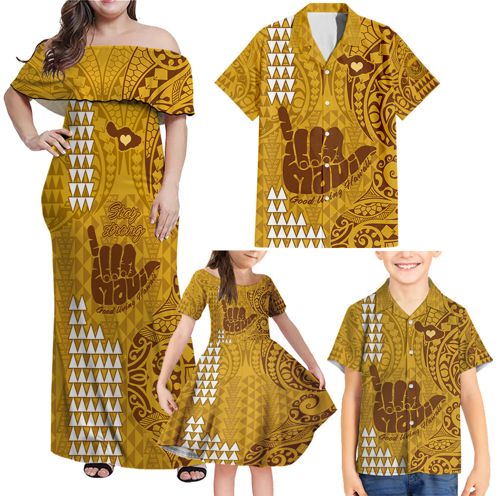 Strong Maui Family Off Shoulder Maxi Dress and Hawaiian Shirt Good Living Hawaii with Shaka Sign Kakau Tribal Gold LT9 Gold - Polynesian Pride