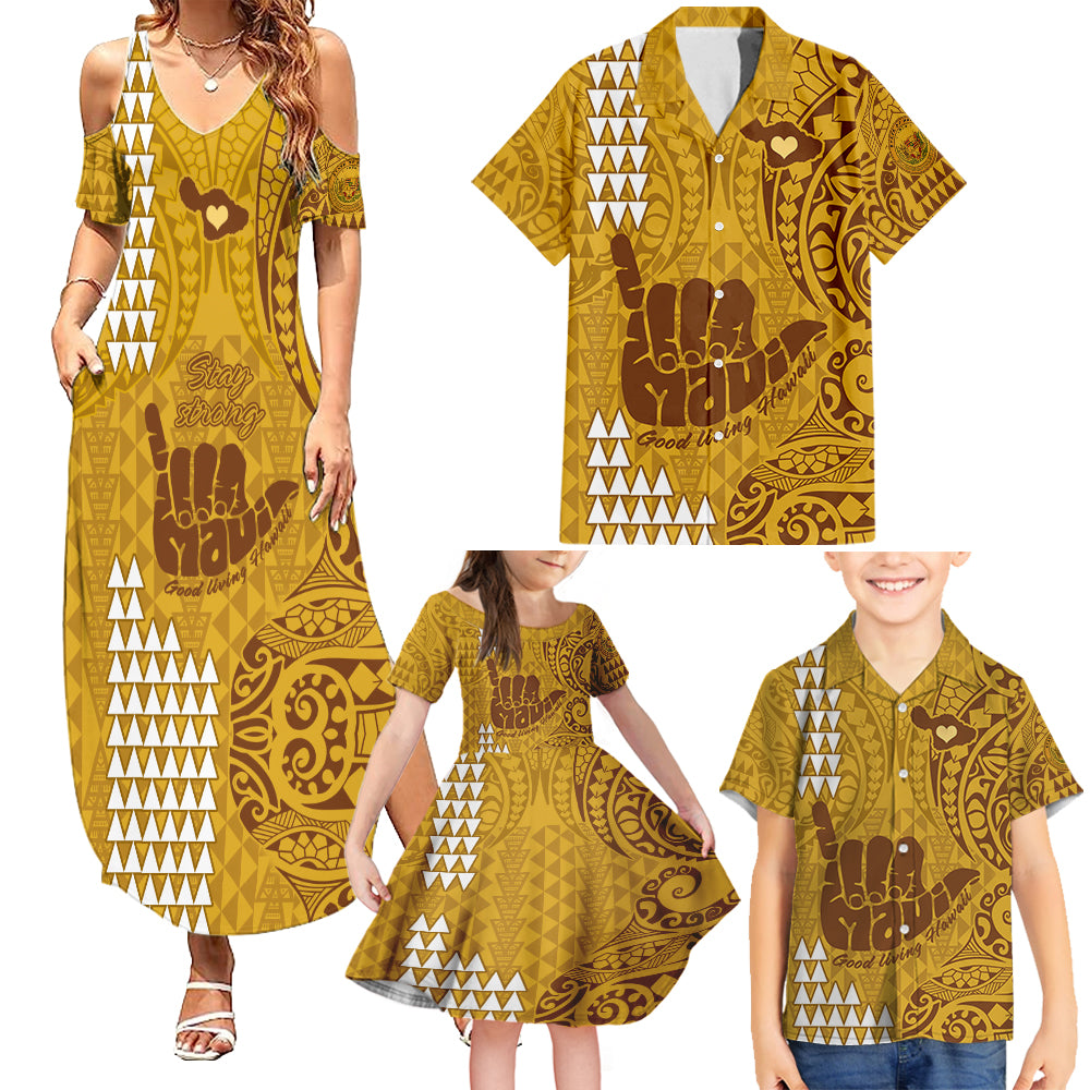 Strong Maui Family Summer Maxi Dress and Hawaiian Shirt Good Living Hawaii with Shaka Sign Kakau Tribal Gold LT9 Gold - Polynesian Pride