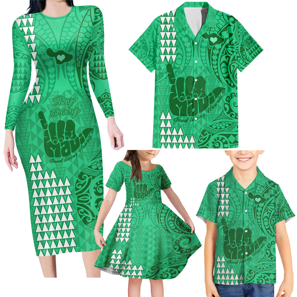 Strong Maui Family Long Sleeve Bodycon Dress and Hawaiian Shirt Good Living Hawaii with Shaka Sign Kakau Tribal Green LT9 Green - Polynesian Pride